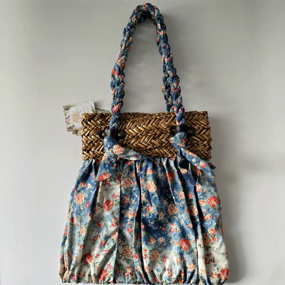 Capelli Straw World Blue Floral Handmade Tote - Picture 7 of 7